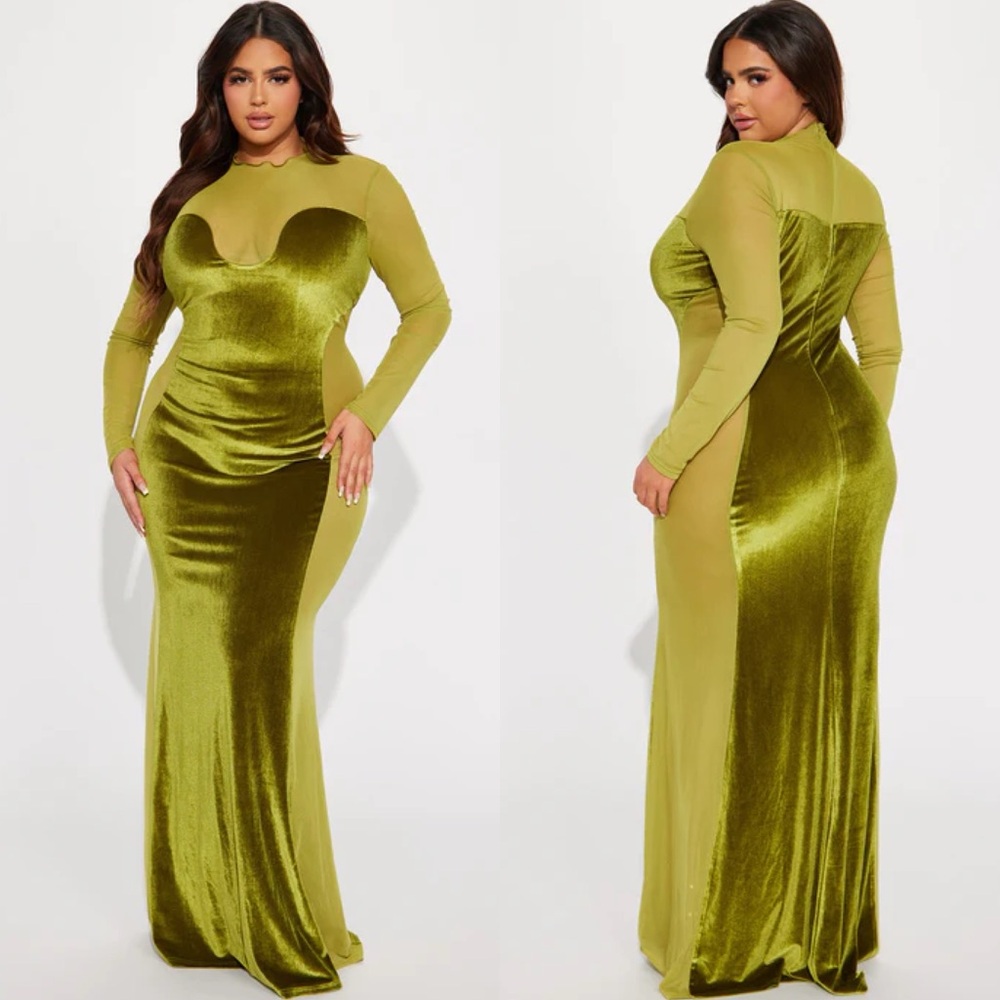 Elegant Olive Green Velvet Long Sleeve Dress